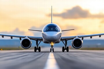 Naklejka premium Airplane on Runway under Blue Sky at Sunrise with Soft Clouds