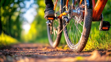 Naklejka premium Close-Up of Bicycle Wheels on a Forest Path During Daylight