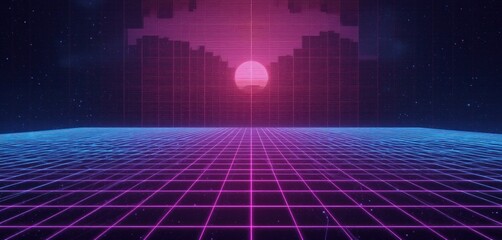 Retro Futuristic Grid Landscape with Sunset and Stars a captivating scene of digital art