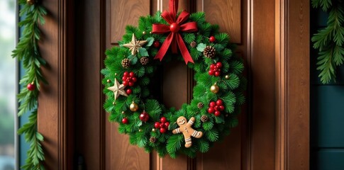 Lush evergreen wreath hanging on a wooden door with gingerbread decorations, decorations, holiday