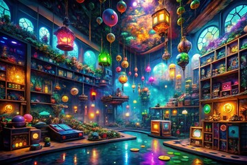 Obraz premium Surreal Dreamscape Game Store: Floating Consoles & Magical Controllers