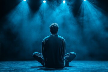 Individual meditating on stage under blue lights, surrounded by smoke in a serene atmosphere during a performance