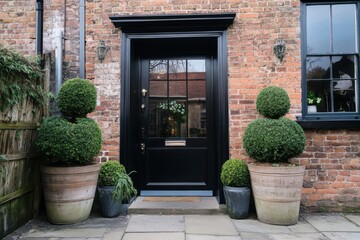 Fototapeta premium A charming outdoor scene features a striking black front door flanked by symmetrical topiary plants, all set against a lovely brick wall bathed in daylight