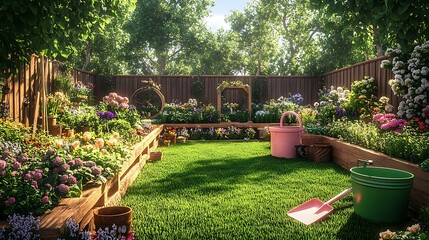 Fototapeta premium Serene Garden with Colorful Flowers and Wheelbarrow