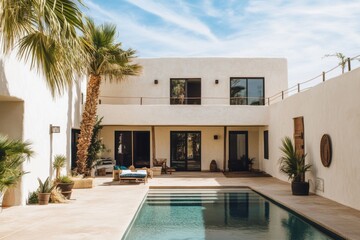 This contemporary desert retreat boasts a welcoming pool surrounded by lush palm trees, creating an idyllic atmosphere for ultimate relaxation in a serene setting