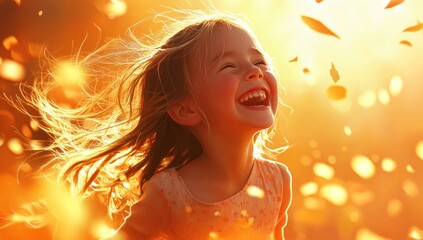 Fototapeta premium Golden Hour Child's Joy: A Moment of Pure Happiness Captured in Sunlight