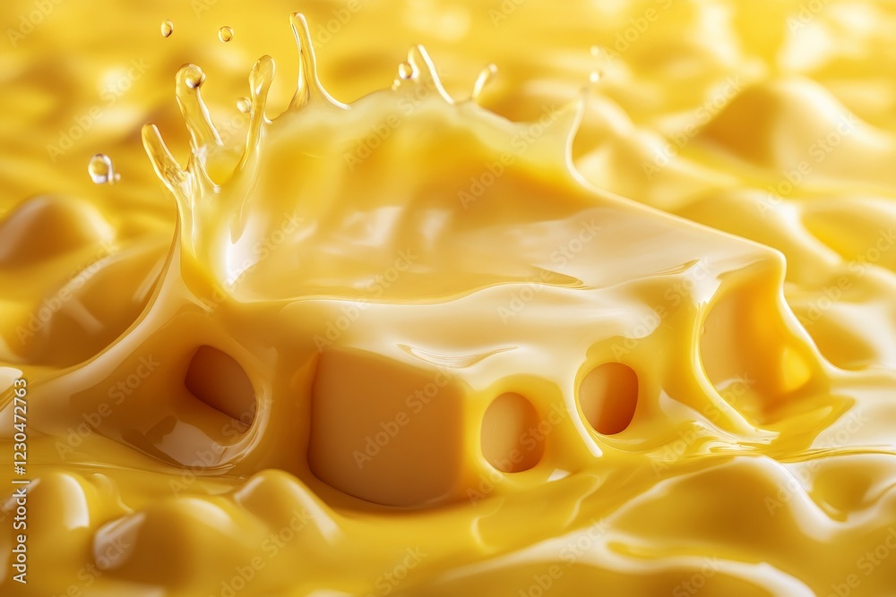 Poster Melted cheese splashing in vibrant yellow on a smooth surface creating a deliciously gooey texture
