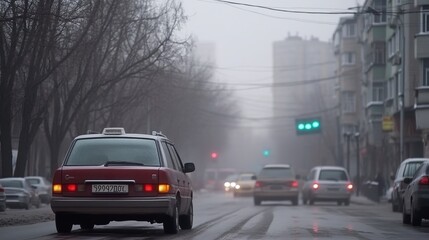 A city shrouded in thick smog with cars and buildings barely visible through the haze, depicting urban pollution and air quality issues with a dynamic blur effect.