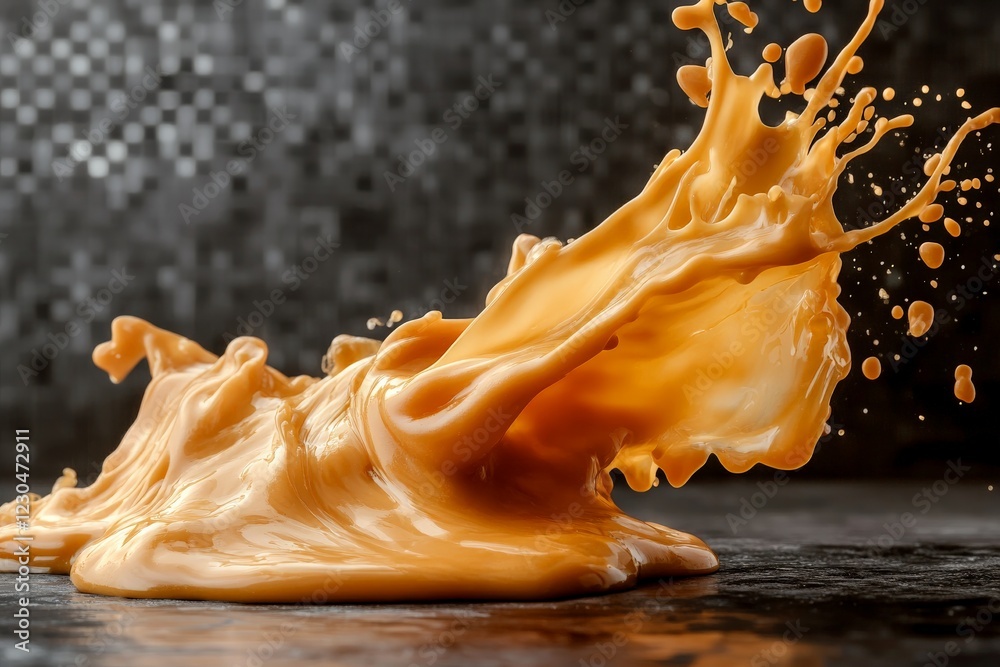 Poster dynamic splash of orange liquid against a dark textured background showcases motion and fluidity