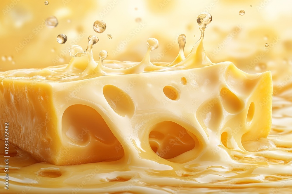 Aufkleber cheese splash with golden liquid droplets creating a vibrant, appetizing effect in a bright setting