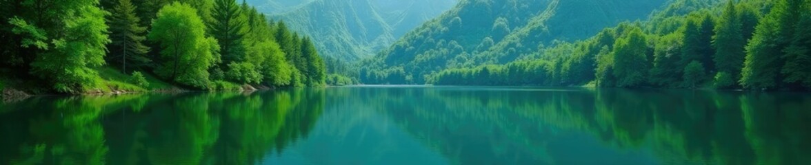 Naklejka premium Serene lake with lush green trees reflected in calm waters, reflection, forest, water
