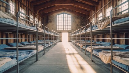 Obraz premium Sunlit Rows of Bunk Beds in a Rustic Warehouse