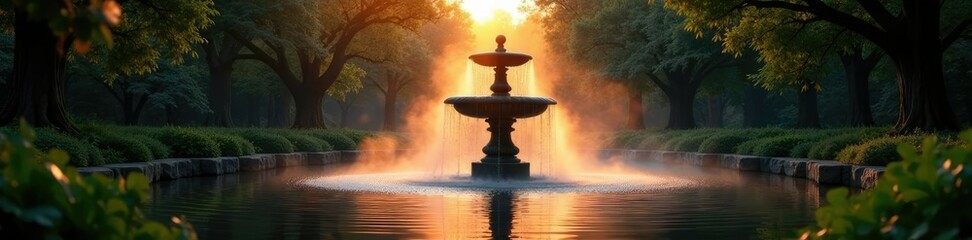 Serene fountain at dusk with sunlight filtering through trees, dusk, landscape, foliage