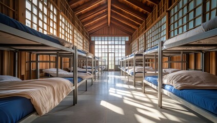 Fototapeta premium Sunlit Dormitory: Rows of Bunk Beds in a Wooden Building