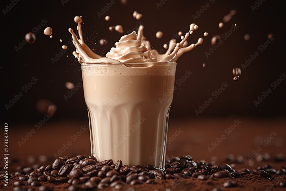 Poster coffee drink with whipped cream splashes around it on a dark background