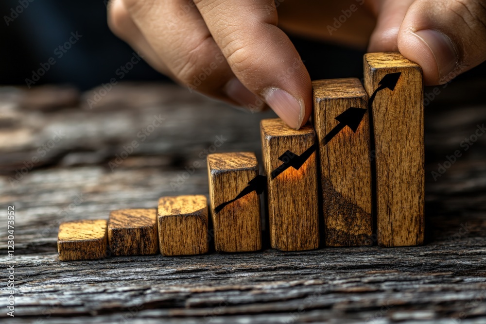 Aufkleber wooden blocks being arranged to depict a growing financial graph on a rustic wood surface