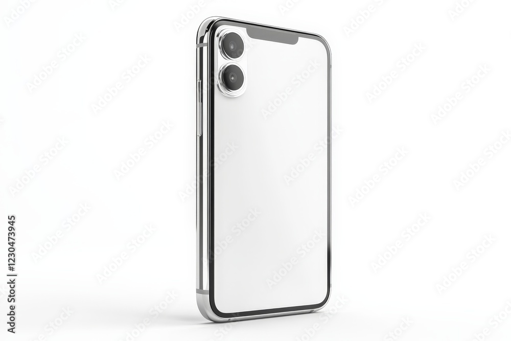 Poster new smartphone design showcasing sleek white finish and dual camera setup for modern technology enth