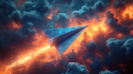 A paper airplane is flying through a stormy sky