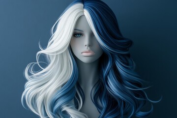 Fototapeta premium Unique mannequin with striking blue and white hair standing against a dark blue background in an artistic display
