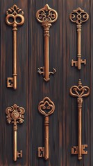 Ornate Antique Keys Displayed on Dark Wood Paneling