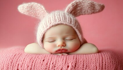 Sweet Dreams: A Newborn Baby in a Pink Bunny Hat
