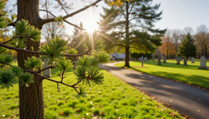 Fototapeta premium Cedar tree buds glistening in sunrise at cemetery park, renewal of life