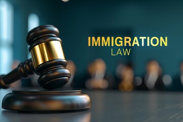 A symbolic gavel representing immigration law, set against a blurred background of a legal meeting. Citizenship and Immigration Law