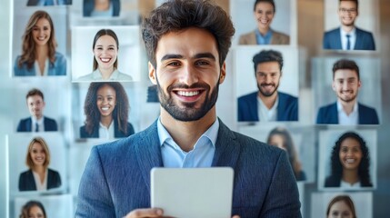 Online recruitment application and one day specialist online search service concept with man smartphone in man hand and virtual digital interface with profile cards contain rating and candidate photo