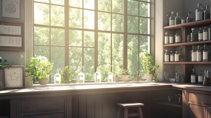Sunlit herbalist's workshop with plants, bottles, and large window.