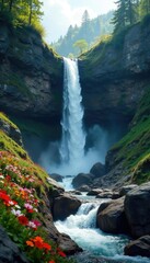 A hidden waterfall cascades down a rocky slope with a patch of colorful flowers, highland, rock