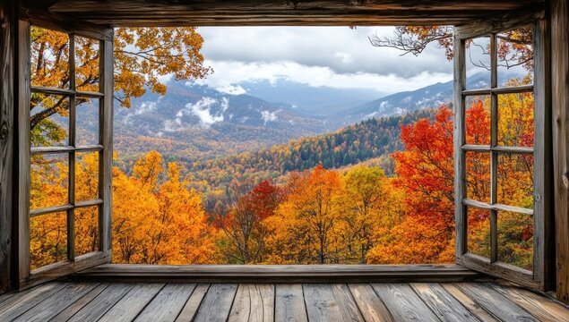 Fototapeta Autumnal Mountain Vista Through Rustic Window