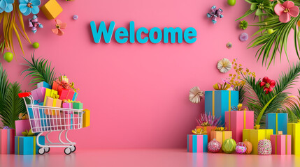Colorful welcome display with gifts and decorations in a playful setting for celebration or event