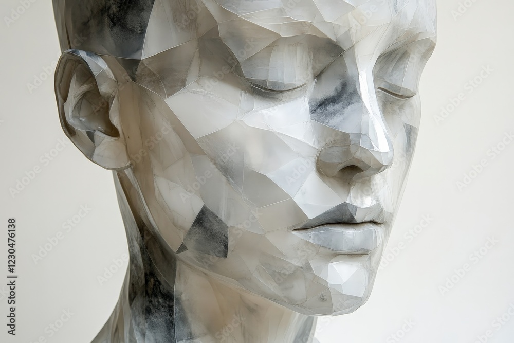 Aufkleber abstract sculpture of a head with geometric features showcased in a contemporary art gallery setting
