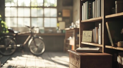 Sunlit room with bicycle, bookshelf, and vintage cassette player.