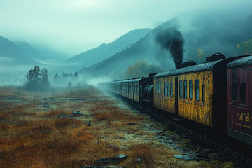 Fototapeta premium Misty Mountain Train Journey Through Autumnal Landscape