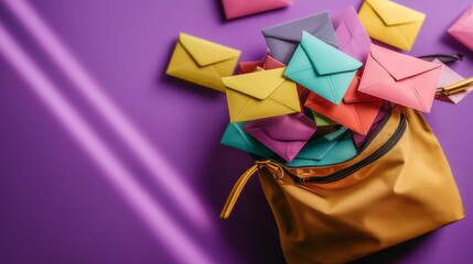 Colorful Envelopes Overflowing from Stylish Yellow Bag on Purple Surface
