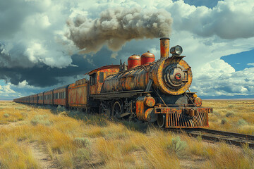 Naklejka premium Rusty Relic Steam Train Across Desolate Plains