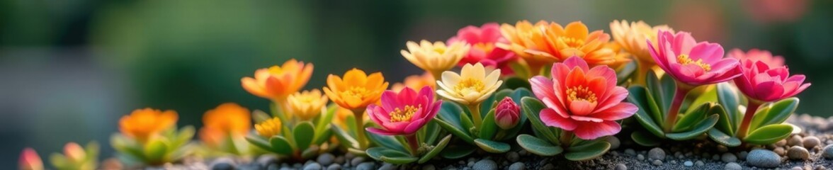 Obraz premium Colorful flowers blooming on a small shrub-like succulent, blossom, shrubby