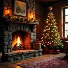 Cozy atmosphere of a fireplace with a Christmas tree in the background, inviting, rustic