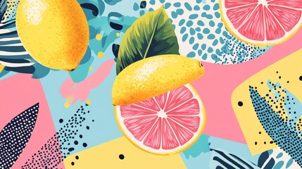Spring Summer poster, banner in trendy 80s-90s Memphis style. Lemon vector illustration, lettering and colorful design for poster, card, invitation. Easy editable for Your design.
