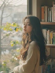 Naklejka premium Young Woman with Long Hair Looking Out of Window in Cozy Room
