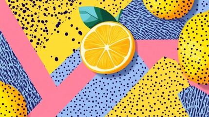 Spring Summer poster, banner in trendy 80s-90s Memphis style. Lemon vector illustration, lettering and colorful design for poster, card, invitation. Easy editable for Your design.