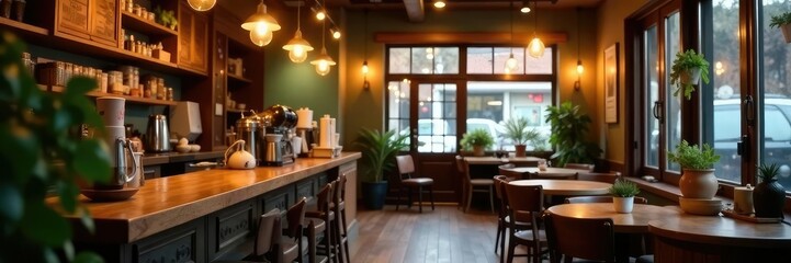 Cozy coffee shop with warm lighting and wooden decor, cozy, lighting, cafe