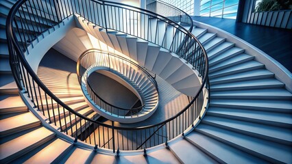 Fototapeta premium Surreal Spiral Staircase: White Treads, Black Metal Railing, Ambient Lighting - Modern Architecture Stock Photo