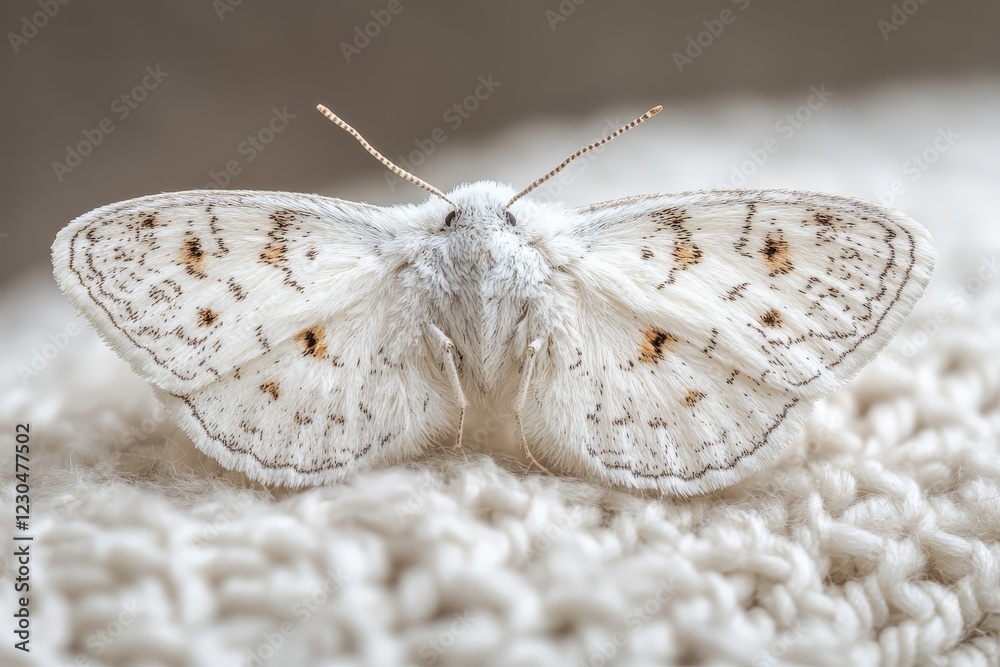 Poster delicate white moth resting on a textured surface with subtle brown markings