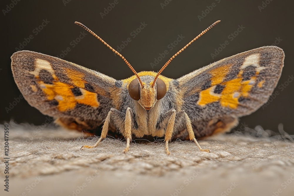 Poster Colorful moth resting on a beige surface showcasing intricate patterns and details in soft lighting