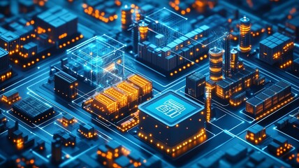 Fototapeta premium Futuristic city on a circuit board, showcasing technological infrastructure and data flow.