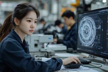 Young woman focused on engineering design in a high-tech laboratory during a daytime work session