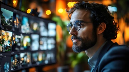 Obraz premium A man is looking at a computer monitor with many pictures on it