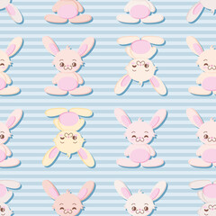 Kawaii bunnies seamless vector pattern. Cute pastel color rabbits illustration background.